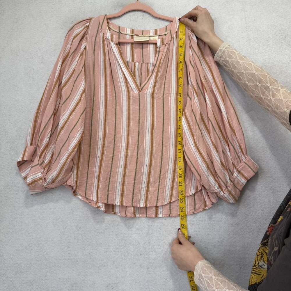 Maeve Blouse Womens Large Pink Stripe V Neck 3/4 Balloon Sleeve Tunic Top Boho - Picture 3 of 11